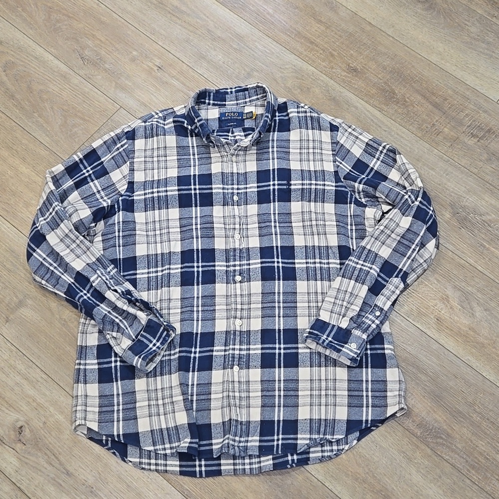 Ralph Lauren Classic Fit Brushed Cotton Navy and Cream Plaid Flannel Shirt - Picture 9 of 9